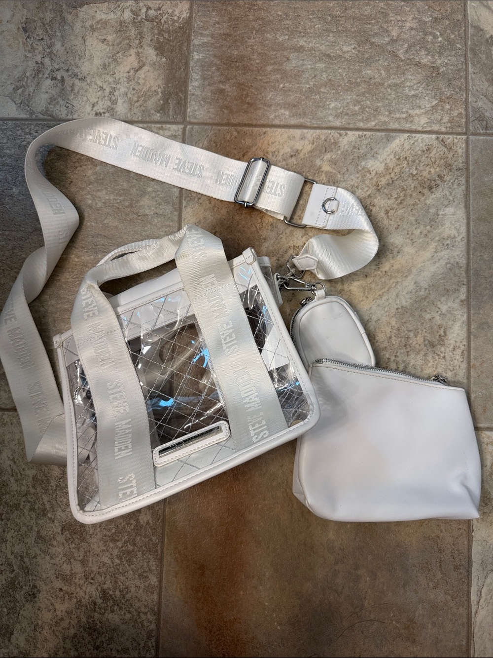 Steve Madden White Clear Quilted Crossbody with Removable Pouches
